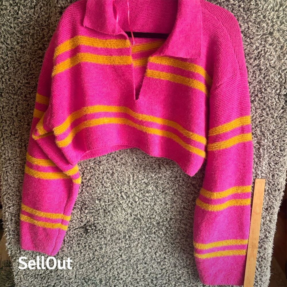 Fresh Produce Women's L Pink Striped V-Neck Pullover Sweater